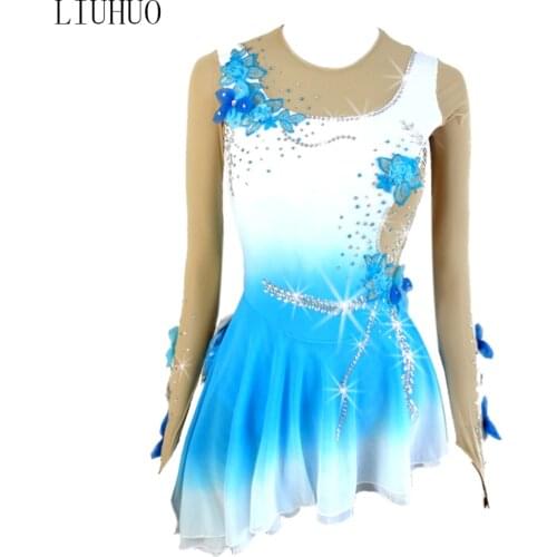 Kids Girls Figure Skating Dress Long Sleeves Rhinestone Blue gradient flowers Splice Ice Skating Roller Skating Ballet Dress