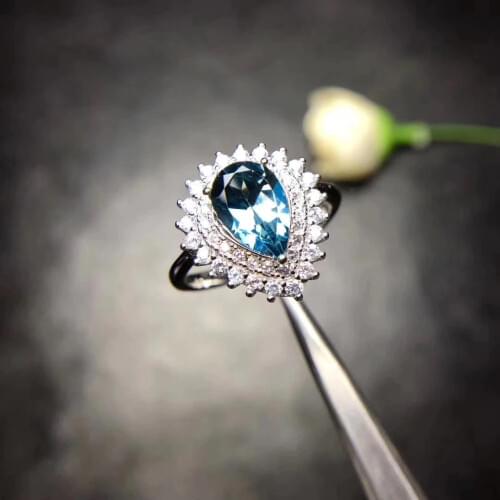 Lovely Elegant Diana water drop Natural blue topaz gem Ring S925 Silver Natural gemstone Ring girl Womens party gift Jewelry