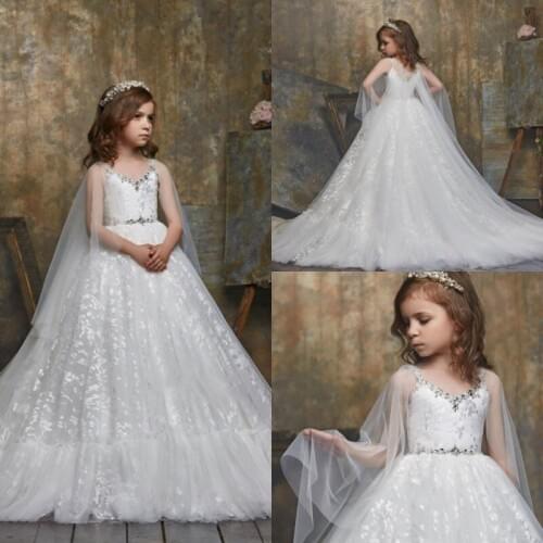 Luxury Beautiful Flower Girls Dress with Wraps O-Neck Lace Appliques Kids Prom Gowns Ball Gown Floor Length Flower Girls Dress