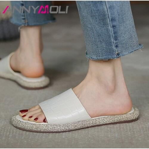 ANNYMOLI Slippers Women Shoes Real Leather Sandals Espadrille Slides Flat Square Toe Ladies Footwear Summer Black Fashion 40
