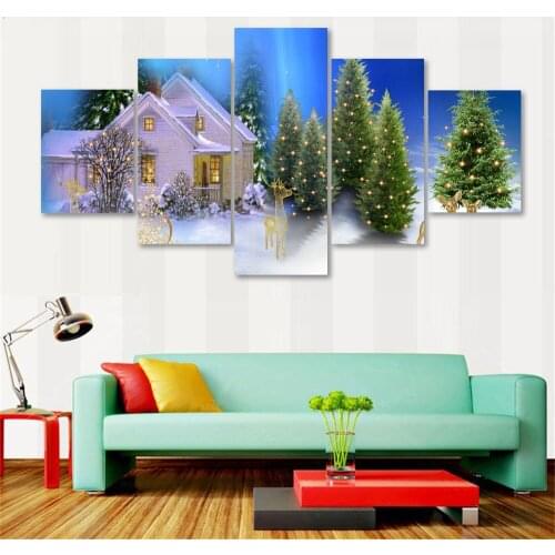 Modern Art Live Wall 5 Panel The Christmas Tree And The Snow House Photo Canvas Decor Modular Picture Poster(No Frame)