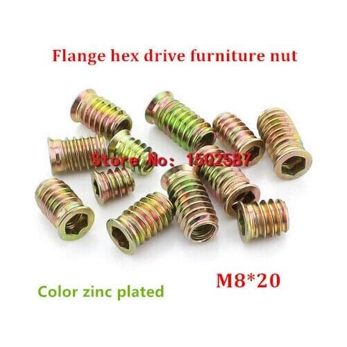 20pcs/lot M8*20 Color Zinc Coated Flange Hex Drive Head Furniture Nut Internal External Thread Screw For Wood Insert Nut