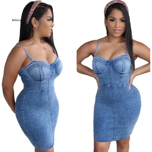 Women Summer Fashion Spaghetti Strap V-neck Denim Midi Bodycon Mini Dress Night Club Party Sleeveless Jeans Dresses Vestidos