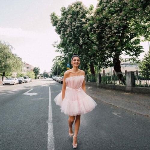 Pink Elegant Casual Women Dress Tulle Strapless Ruffle Mini Dress Bowknot Short Dress Party Dress Photographu Custom Made