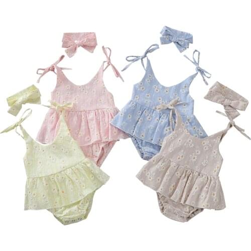 2021Baby Girls Summer Clothes Bandage Daisy Print Romper Jumpsuits Dress Headband Cotton Linen Outfits