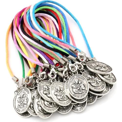 30pcs Zinc Alloy "SAINT JOSEPH PRAY FOR US" Medal Pendants Chinese Knot Wire Bracelets Handmade DIY Jewelry Party Gifts C-25