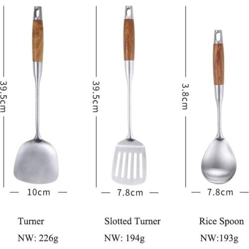 6Pcs/Set Wood Handle 304 Stainless Steel Cooking Tool Sets Turner Rice Spoon Pasta Server Kitchenware Utensil Accessory Cookware