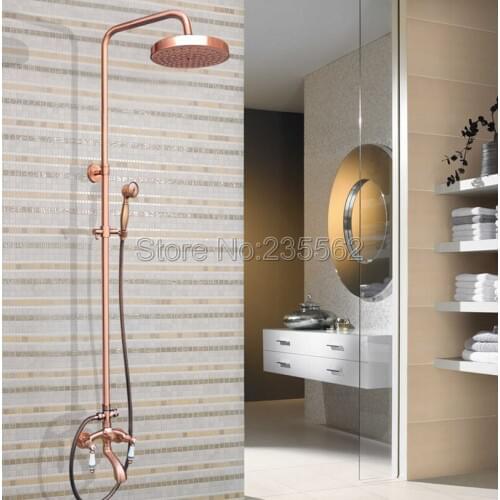 Antique Red Copper Finish Bathroom Wall Mounted Rain Shower Faucet Set with Dual Ceramic Handle Bathtub Mixer Tap lrg532