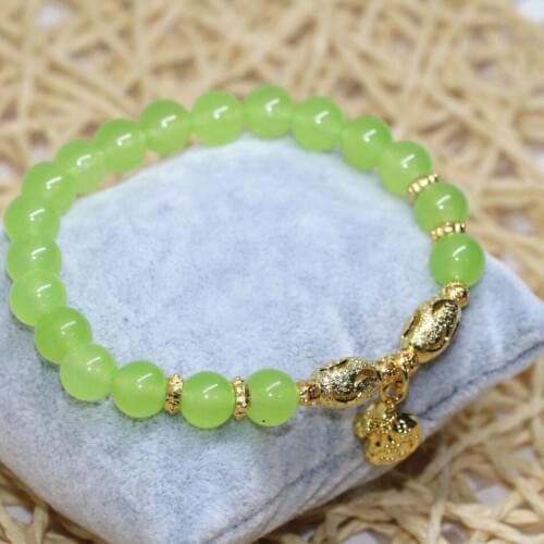 Gold-color accessory pretty women bracelet green natural stone jades chalcedony stone 8mm round beads jewels 7.5inch B2038