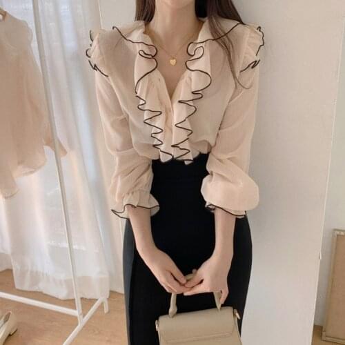 Elegant Fashion Women Chiffon Blouse Long Sleeve V Neck Ruffles Patchwork Shirts Office Lady Spring Summer Blusas Chic