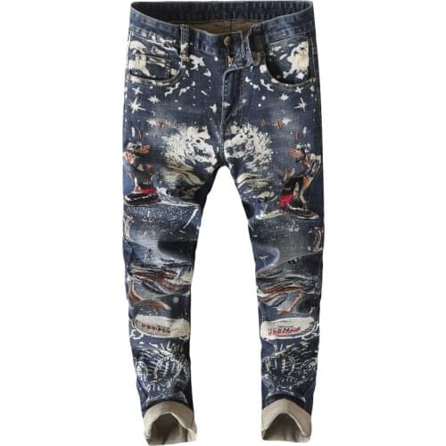 New Mens Male Embroidery Painted Jeans Fashion Stretch Denim Slim Pencil Pants Embroidered Trousers