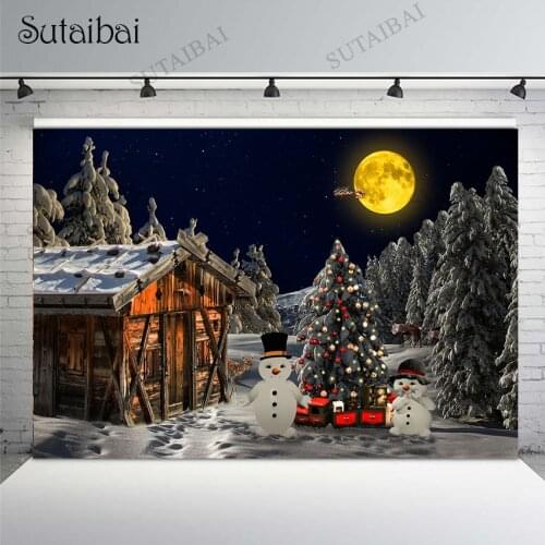 Winter Night Wood House Christmas Backdrop for Photography Forest Snowman Xmas Tree Decorations Background Baby Child Portrait