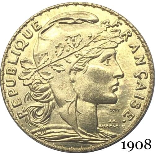 France Third Republic 1908 20 Francs Gold Copy Coin Brass Metal Liberte Replica Production Coins