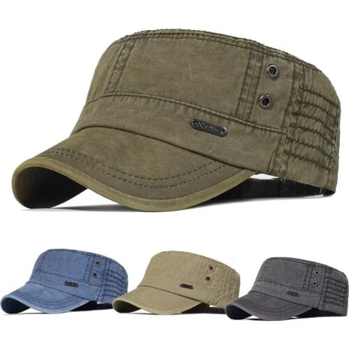Washed Cotton Military Caps Men Women Cadet Army Cap Unique Design Vintage Flat Top Hat