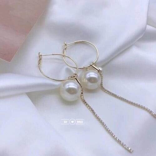 Korea Design Pearl Earrings Gold Metal Geometric Circle Round Simulated Pearl with Long Chain Earrings for Women Girl Free Ship