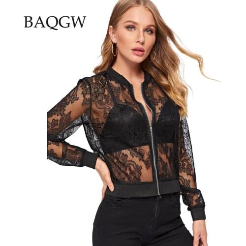 Spring/Autum Fashion Lace Womens Sexy Transparent Jacket Casual Zipper Long Sleeve Outerwear Vintage See Through Jacket Coat