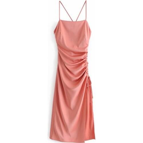 Summer Womens Slim Satin Folds Slit Suspender Dress Party Banquet Pleated Skirt