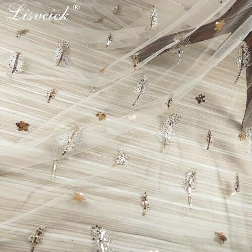 1y Fashion gold Sequin Feather Embroidery mesh tulle lace Fabric mesh fabric for Clothing dress skirt accessories French lace