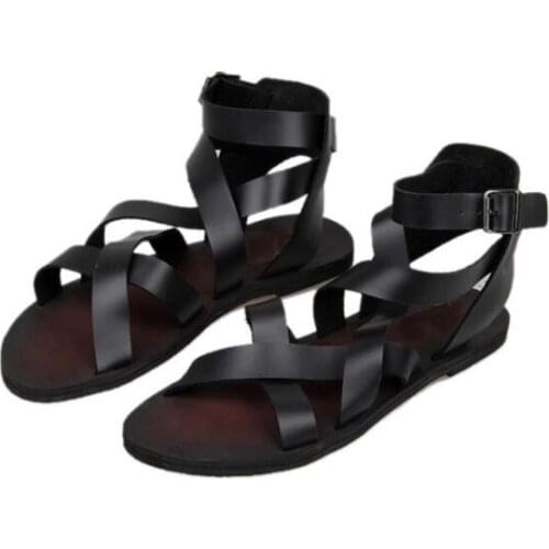 Mens Gladiator leather Sandals Summer Boots Burgundy Italian Strap Beach Breathable Flat Black Roman Shoes Open Toe Runway