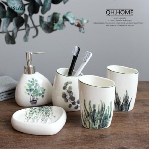 Green Plants Leaves Pattern Ceramic Bathroom Accessories Emulsion Bottle Mouth Cup Toothbrush Holder Soap Dish Five Piece Set