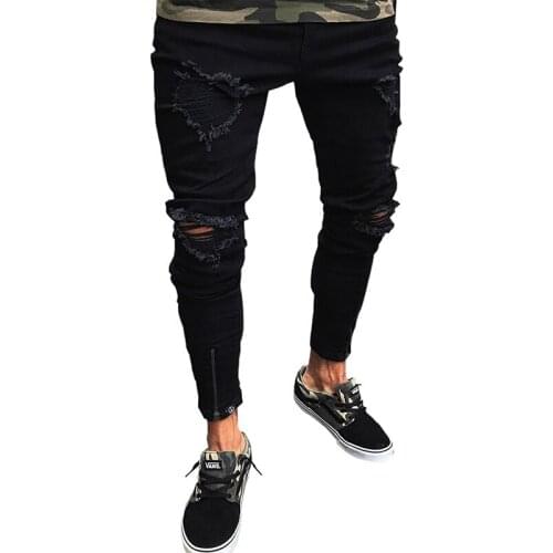 Black Stretch Skinny Fit Bottom zipper Jeans Men Knee Ripped Distressed Hole biker jeans Pants Hip Hop Street Big Size S-3XL