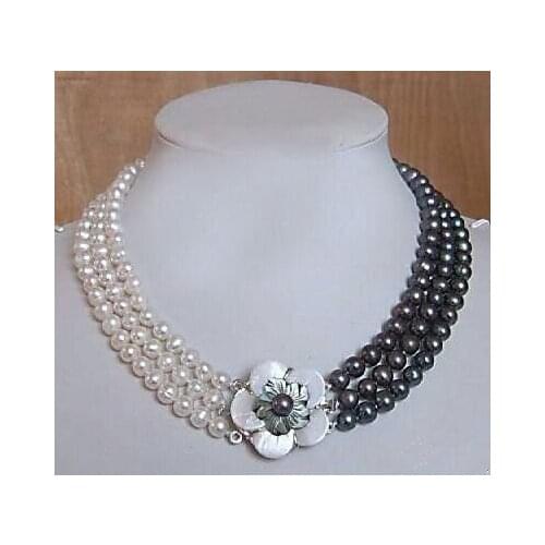 Wholesale 3rows 7-8mm white & black Freshwater Akoya Pearl Necklace 18