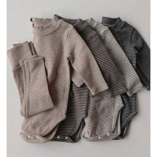 Toddler Baby Girl Boys Pajamas Set Stripe Jumpsuit+High Waist Pants+Hat Korean Style Spring Autumn Baby Girl Boys Clothes Suit