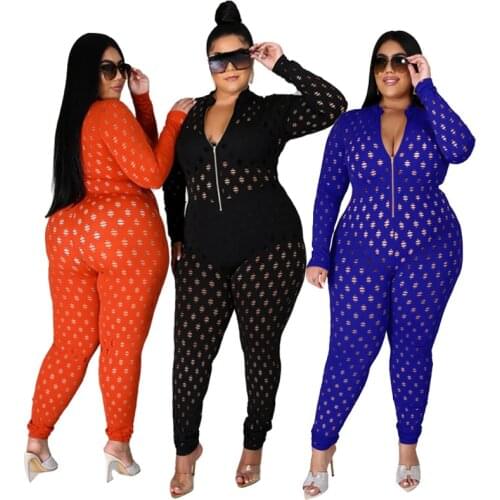 Plus Size Jumpsuits Wholesale Sexy Ladies One Piece Jumpsuit Hollow Out Zip Up Long Sleeve Bodycon Club Bodysuit Dropshipping
