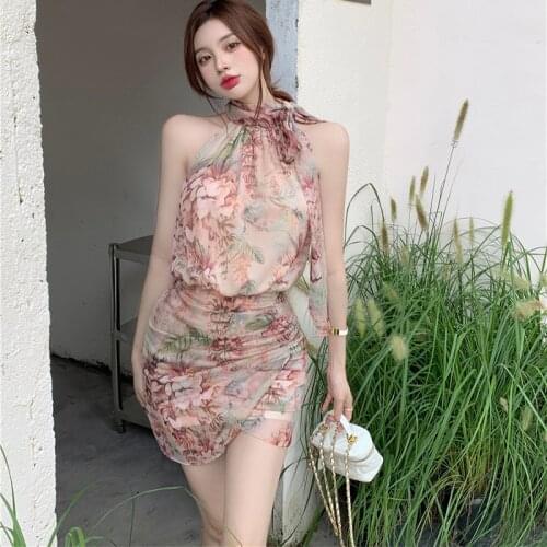 Chiffon Dresses Sleeveless Off Shoulder Summer Korean Fashion Summer Style Halter Bodycon Dress for Women Sexy Floral New