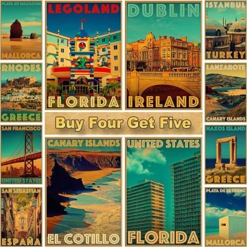 Modern Home Decor World Famous Cities Poster Lisbon Sydney Cartoon Landscape Posters Kraft Paper Wall Sticker Art Painting
