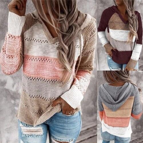Streetwear Women Knitted Hoodies Striped Sweatshirt Casual Patchwork V-Neck Long Sleeve Pullover Tops Oversized Hoodie 2020