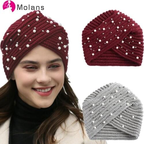 MOLANS Pearls Embellished Knitted Turban Hat Winter Ear Warmer Knitting Bandanas Cap Solid Knot Rhinestones Head Wrap Caps