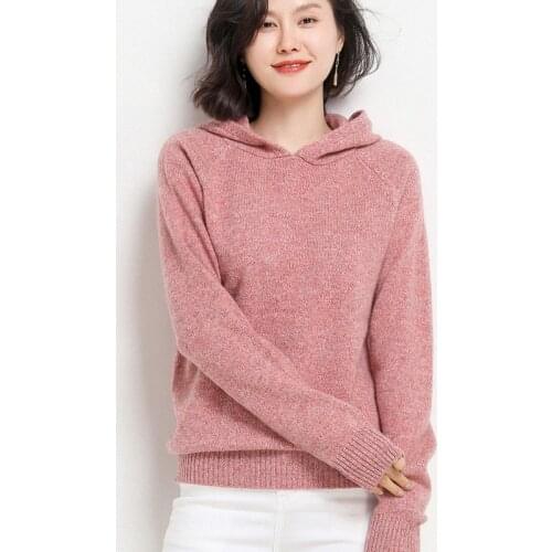 High quality hooded cashmere sweater womens autumn and winter solid color knitted long-sleeved pullover 100% pure wool sweater