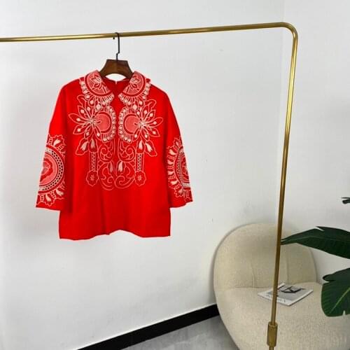 High Quality Cotton New Summer Women Fashion Red White Floral Embroidery Turndown Collar Short Sleeve Blouse
