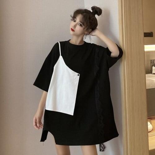 Woman TShirts Crop Top Womens Short-Sleeved T-shirt 2021 Loose False Two Pieces T-shirt Top Mujer Camisetas