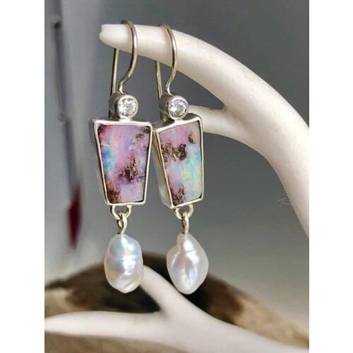 Retro Jewelry Natural Colorful Opal and Pearl Gemstone Dangle Hook Earring Wedding Engagement Earrings for Women