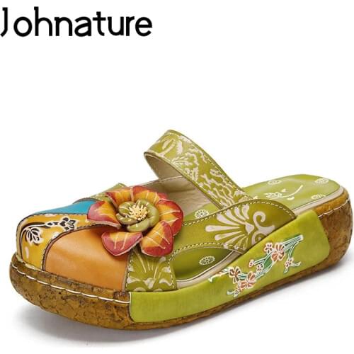 Johnature Genuine Leather 2020 New Summer Slippers Hand-painted Outside Sandals Flower Flat With Ethnic Slides Women Shoes