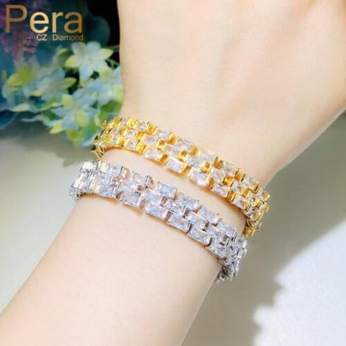 Pera Elegant Sparkling White Cubic Zirconia Princess Cut Big Wide Yellow Gold Bangle Bracelets for Women Party Jewelry B171