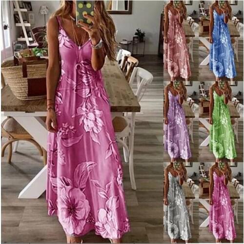 2021 The New summer Sleeveless Blue Pink Flower Print Dress Women Tunic Summer Casual Boho Beach Long Dresses Female 5XL