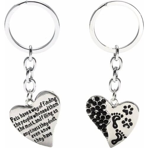 1PC Dog Puppy Pet Paws Prints Crystal Heart Keychain Pets Have A Way Of Women Men Key Chains Rings Animals Lover Keyring Gifts