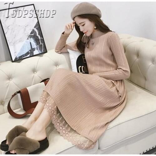 2019 Knitting Long Style Lace Patchwork Women Dress Winter Thick Plus Size Female Dresses