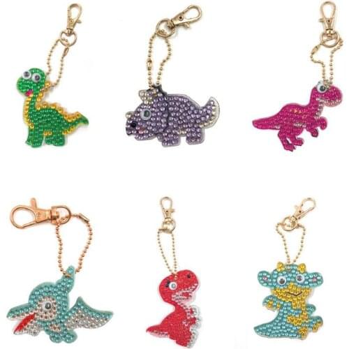 6Pcs 5D DIY Diamond Painting Keychain Full Drill Cartoon Dinosaur Rhinestone Painting Home Car Bag Hanging Pendant Decoration