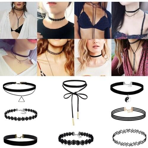 8Pcs/set Sexy Black Gothic Punk Velvet Tattoo Lace Choker Necklace Long Pendant Jewelry Women Collar Choker #93231