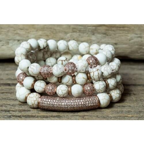 Boho Rose Gold Pave CZ round Beads And Bar Howlite Stone Beads Stretch Bracelets