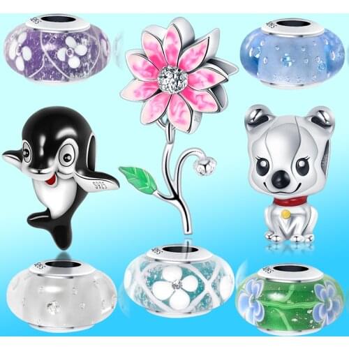 Little Dolphin And Pink Lotus And Glass Beads Charm Fit Original Pandora Bangle Making Fashion DIY Jewelry 925 Sterling Silver