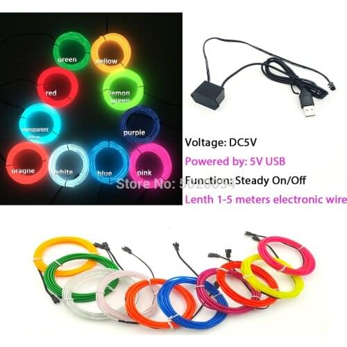Halloween Home Decoration 1.3mm Dia 3M Waterproof LED Light Flexible EL Wire Rope Tube 5VUSB Neon Glow Costume DIY Material