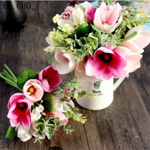 6 Head Decorative Flower Silk Magnolia Artificial Orchid Flower Bouquet Fake Wedding Party Flower Arrangement Wedding Decoration