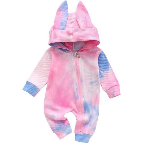 Infant Baby Cotton Romper, Long Sleeve Tie Dye Print Zip up Jumpsuit with Bunny Ear Hooded Rompers for Toddlers Girls Boys