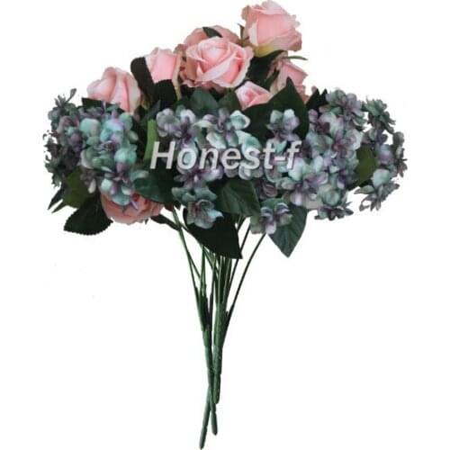Artificial Multi-Coloured Rose Silk Flowers Bounquet Mixed Arrangement, Home Hotel Room Wedding Decoration(Pink And Green)