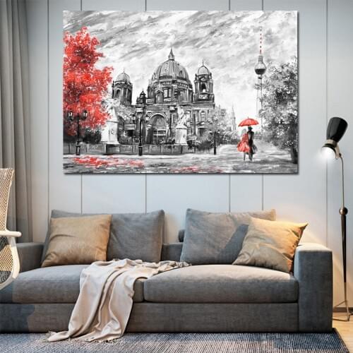 Famous Europe Building Print Black & White Wall Art Couple Walking In The Rain Canvas Painting Nordic Poster Decoration Picture